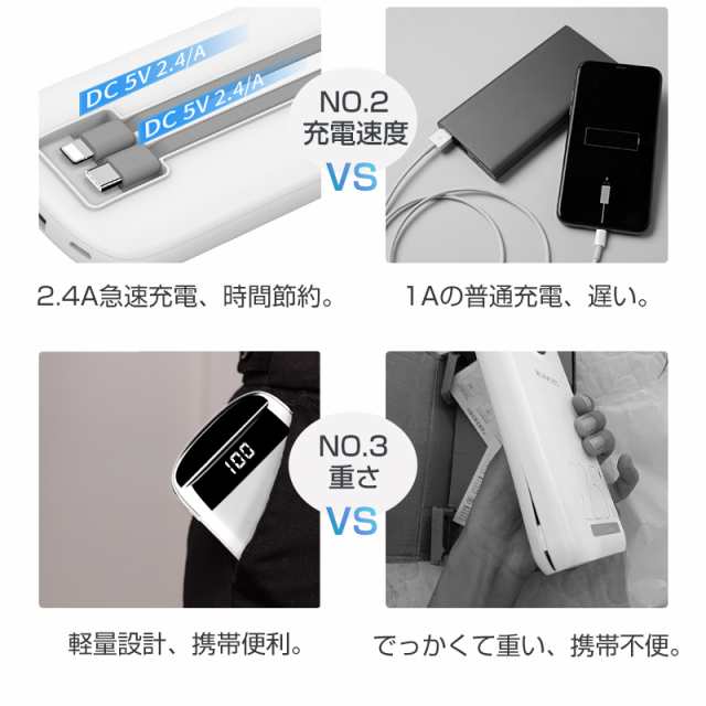 モバイルバッテリー 10000mAh 2本ケーブル内蔵 3台同時充電 機内