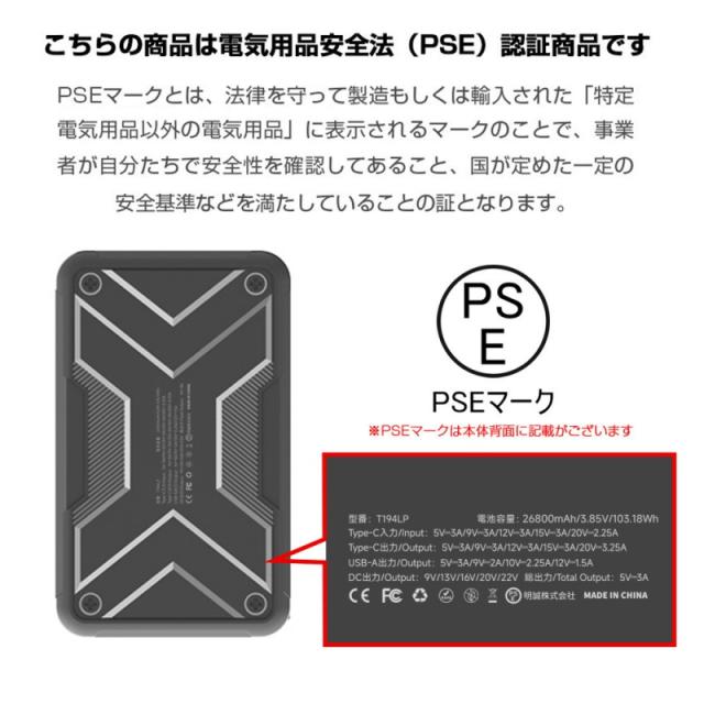モバイルバッテリー 26800mAh 大容量 パワーバンク PD65W 急速充電 軽量 3台同時充電 Type-C出入力ポート USB-A出力 DC出力 iPhone 17/16充電 ノートパソコン充電 防災電源 携帯充電器 残電量表示 互換性抜群 PSE認証済 90日安心保証付き【PL保険加入済み製品・安心】