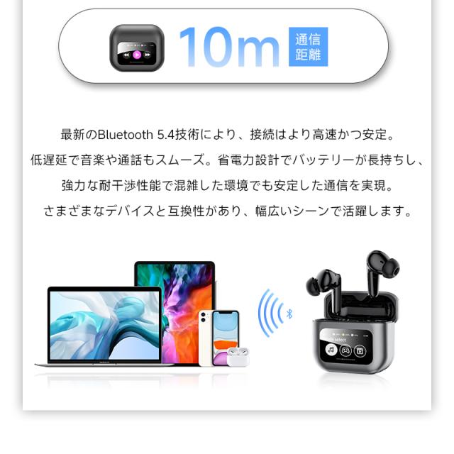 ワイヤレスイヤホン Bluetooth5.4 ANC対応・液晶付きイヤホン カナル型 ノイズキャンセリング TWS 外音取り込み ジャンル別音色調整 【2026最新版】 タッチ操作 低遅延 Type-C充電 無痛装着 HiFi高音質 携帯便利 iPhone/ipad/Android適用 【PL保険加入済み製品・安心】_11