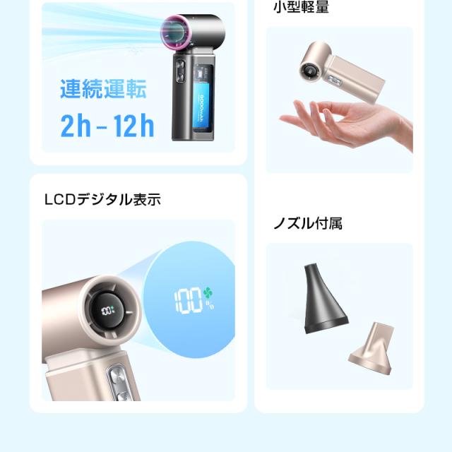 手持ち扇風機 ポータブルファン 8000mAh 大容量電池 ドライヤー 多機能ノズル付き 水滴除去 埃を飛ばす type-c充電式 2026夏 100段階風量調節 長時間駆動 急速冷却 超軽量 ミニファン コードレス 静音 猛暑対策 持ち運びに便利 巻き込み防止【PL保険加入済み製品・安心】_3