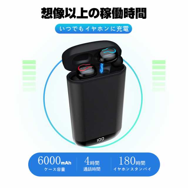 ワイヤレスイヤホン5.0 モバイルバッテリー 6000mAh充電ケース ノイズ