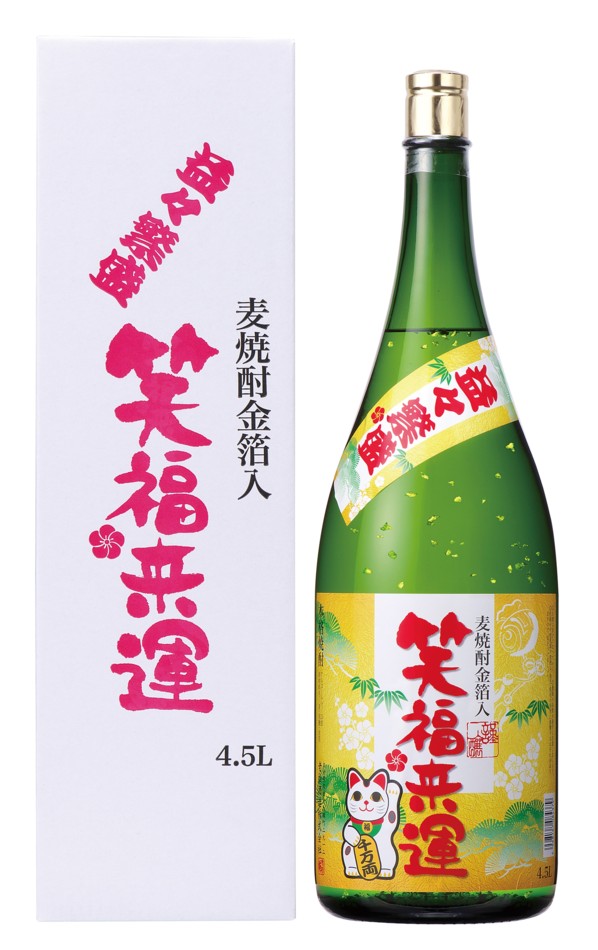 ギフト プレゼント クリスマス 父の日 家飲み 焼酎 麦焼酎 25°笑福来運 しょうふくらいうん 金箔入り 益々繁盛 4.5L瓶 1本 箱入 大分県 老松酒造 送料無料