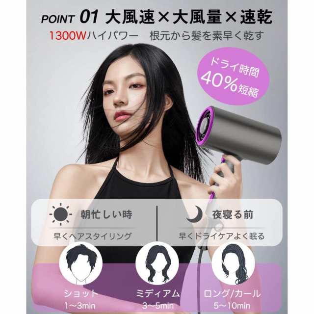 ヘアドライヤー 大風量 速乾 1300W 軽量 3段階風速 マイナスイオン - 健康