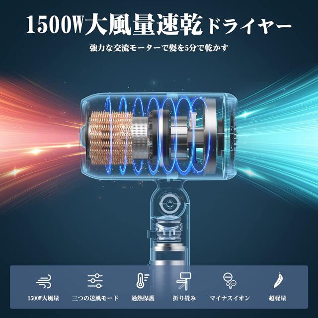 ドライヤー 大風量 速乾 軽い マイナスイオン 1500W ヘアドライヤー 
