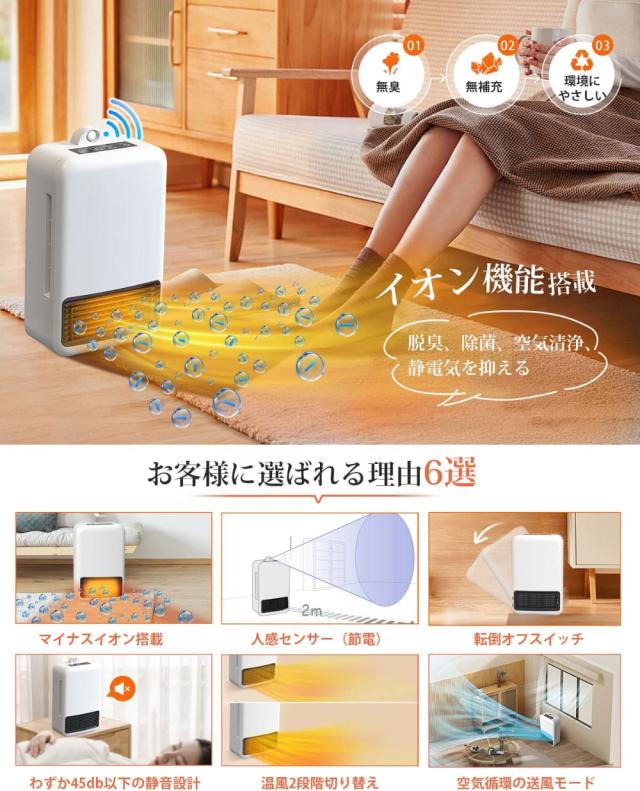 セラミックファンヒーター 脱衣所 大風量 静音 過熱保護 1200W