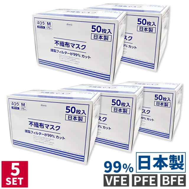 不織布マスク 50枚入り 5箱セット 興和 日本製 ふつう Mサイズ 大人用