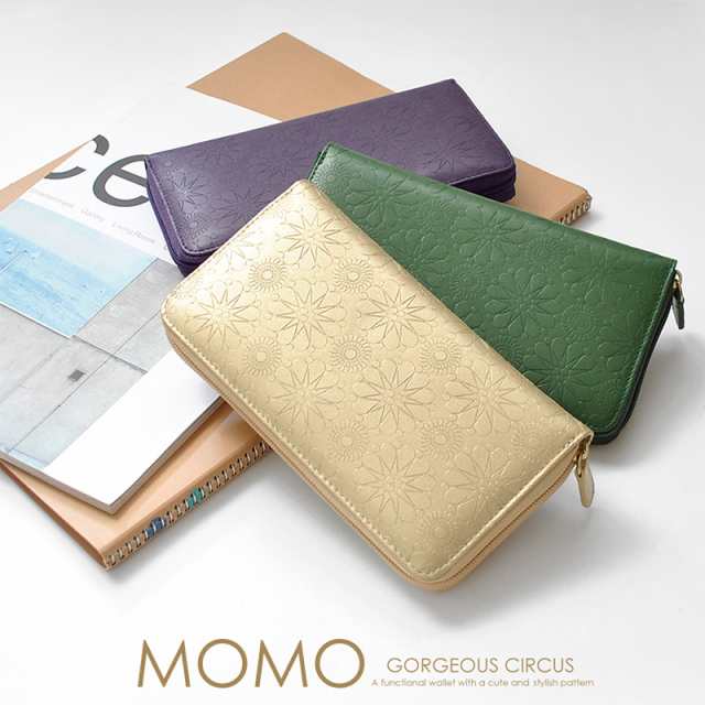 MOMO 牛革 長財布 レディース 財布 型押し ラウンドファスナー 背面ポケット付き の通販は
