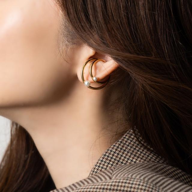 【ゆうパケット送料無料】 イヤーカフ 金属アレルギー ニッケルフリー 18kコーティング レディース イヤカフ パール メタル レイヤード風 2連 三日月 片耳用 大人 ゴールド シルバー ピンクゴールド