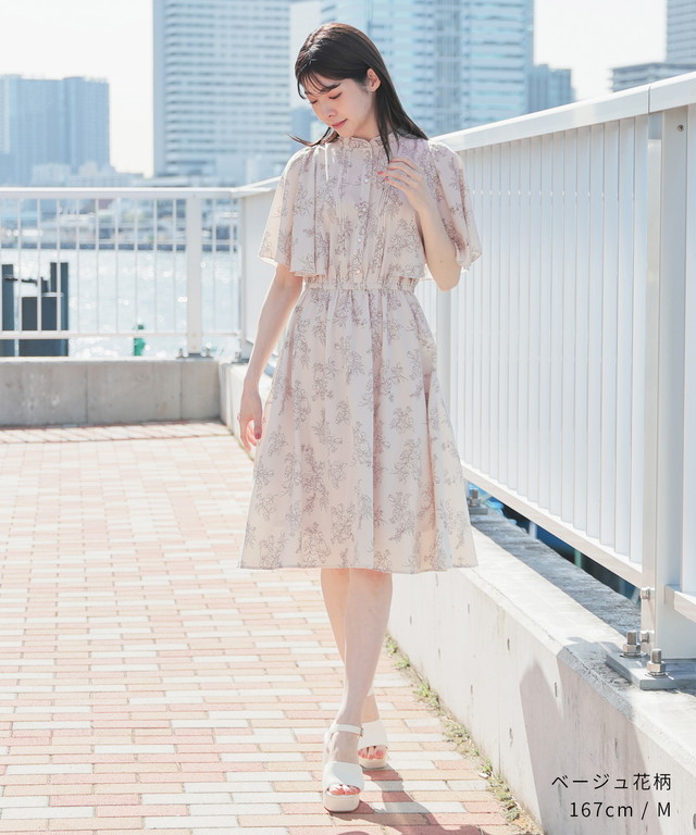 I BELL 花柄 半袖 ひざ丈ワンピース ワンピース 半袖 ひざ丈 フレア袖 花柄 ピンタック 膝丈
