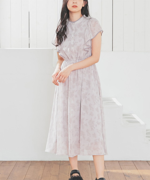 ワンピース 半袖 ロング丈 大きいサイズ フリル袖 ドット柄 花柄