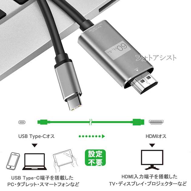 USB Type-C用HDMI変換ケーブル 1.8m 4K 60Hz Thunderbolt3対応 USB Type CからHDMI  送料無料【メール便の場合】の通販はau PAY マーケット - フォトアシスト