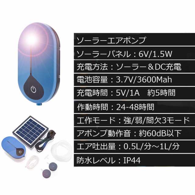 ソーラーエアポンプ 酸素ポンプ ソーラー充電 2way 静音設計 ポータブル式エアポンプ 停電時緊急酸素 釣り 水槽の酸素に Bsvap008の通販はau Pay マーケット オリジンモール 還元祭クーポン有 Au Pay マーケット店