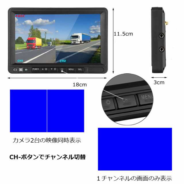 トラック用ドライブレコーダー 無線カメラ2個セット 7インチDVR+