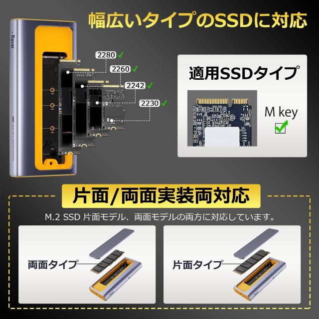 Raver M.2 SSD 外付けケース USB4.0 NVMe M.2 SSDケース 40Gbps高速転送 NVMe PCIe 4.0x4対応 2230/2242/2260/2280 アルミ筐体 Type C-C ケーブル ネコポス送料無料 ポイント消化_2