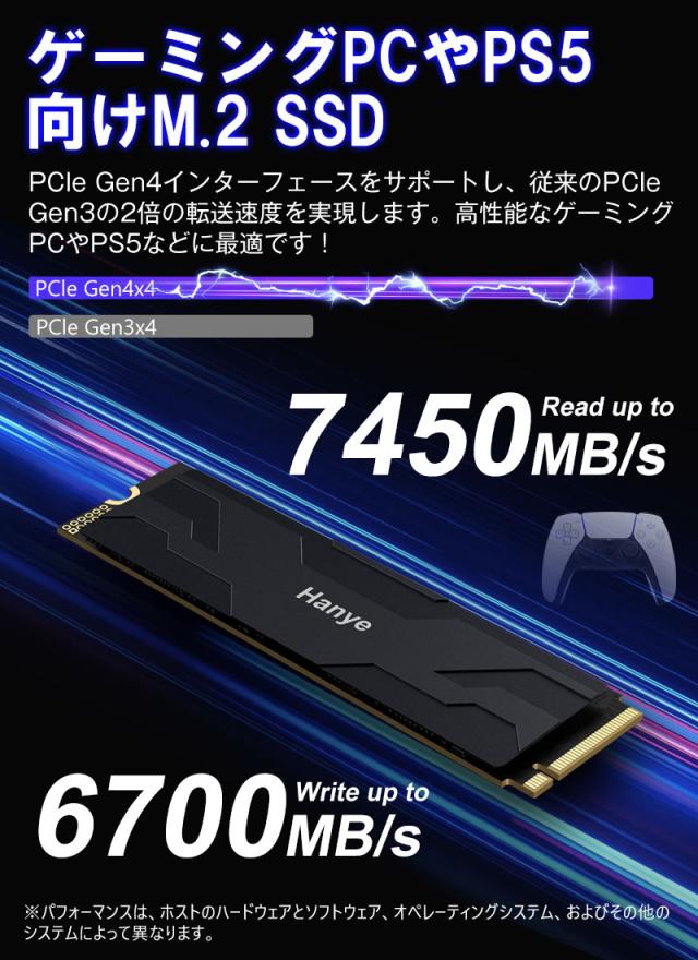 Hanye NVMe SSD 2TB 3D NAND TLC 薄型アルミ製ヒートシンク搭載 PCIe