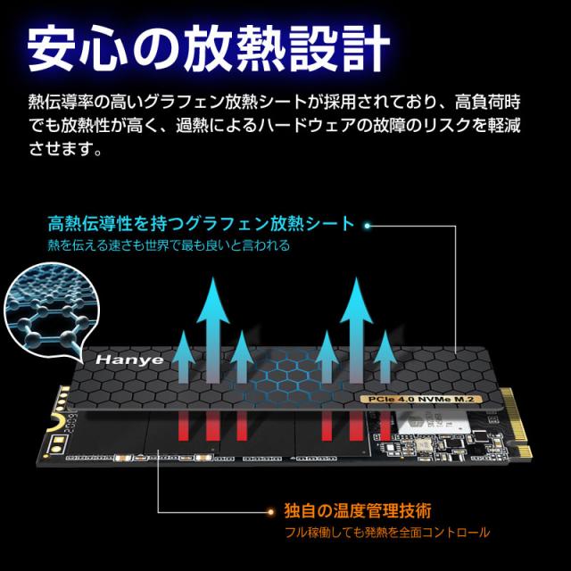 Hanye SSD 2TB PCIe Gen4x4 M.2 NVMe 2280 グラフェン放熱シート