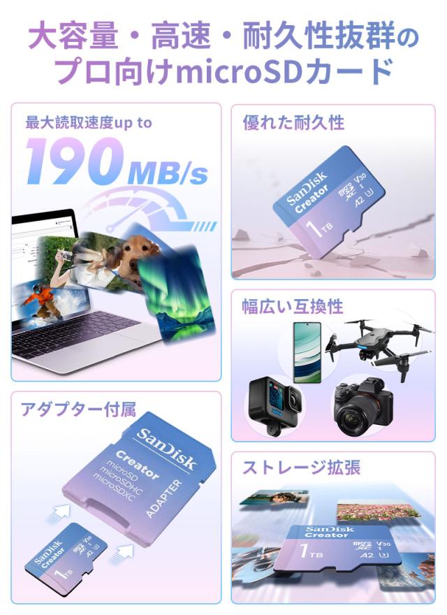 マイクロsdカード microSDXC 1TB SanDisk Creator UHS-I U3 V30 A2 4K R:190MB/s W:130MB/s SDSQXAV-1T00-GN6MS SDアダプタ付 Switch対応 並行輸入品 microsdカード micro sdxc カード 1tb ポイント消化_1