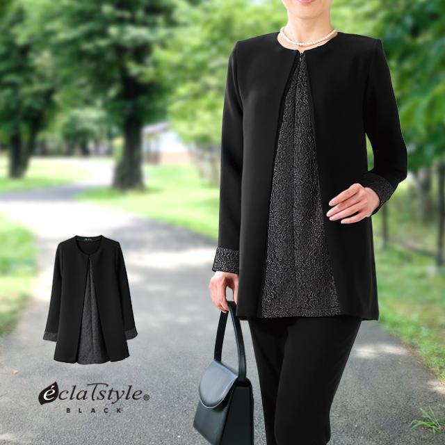 eclaT style BLACK フォーマル フォーマルチュニック 長袖(レディース フォーマル チュニック トップス ノーカラー ブラックフォーマル 冠婚葬祭 お呼ばれ 結婚式 きれいめ 40代 50代 60代 女性)