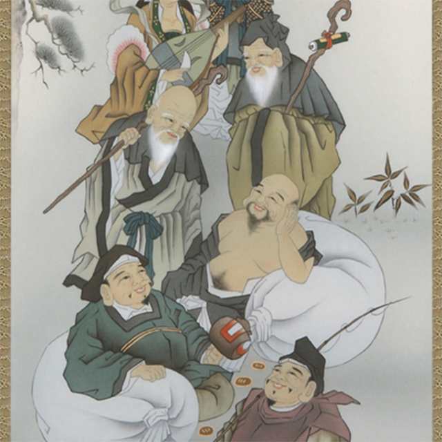 掛軸 七福神招福之図 190×54.5cm(装飾 絵 レトロ 和室 客間 床の間 