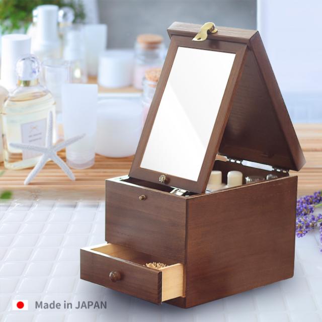 コスメティックボックス Lサイズ 17-513(コスメボックス 鏡付き 木製 大容量 大きめ コスメ収納 おしゃれ メイク 収納 化粧品 ミラー 仕切り付き ハンドル 取っ手付き 持ち運び 化粧ボックス 日本製 ナチュラル 木目 ウッド 北欧 ハンドメイド) 1-2W