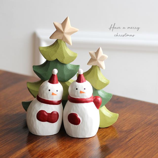 クリスマス置物 4点セット 雪だるま2個&ツリーSS・S(クリスマス 木製 置物 クリスマスツリー ミニ ゆきだるま 冬) 即納の通販は