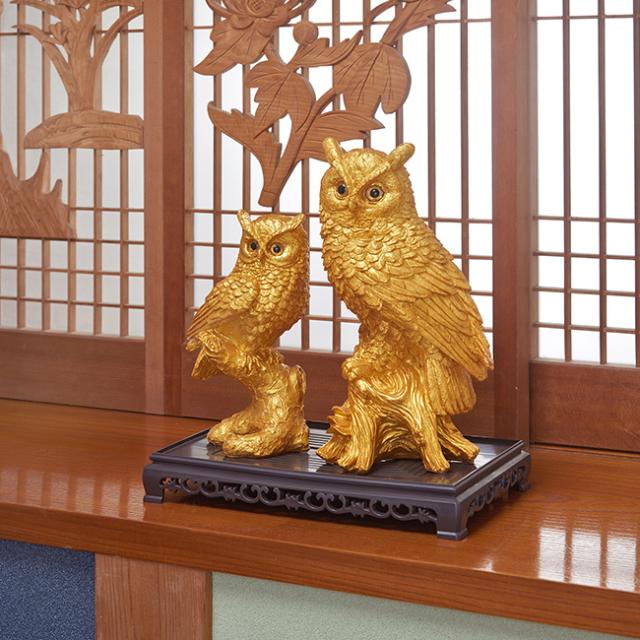 土台付 黄金親子ふくろう(ふくろう 置物 金色 フクロウ オブジェ ゴールド 親子ふくろう 開運 風水 グッズ 縁起物) 1-2W_2