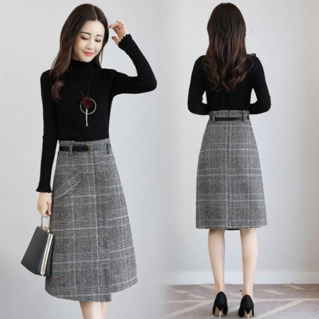 ワンピース レディース 秋 きれいめ 膝丈 スカートセットアップ 上品 Aライン 長袖 チェック柄 きれいめ ひざ下 通勤 big_acの通販は 5,980円