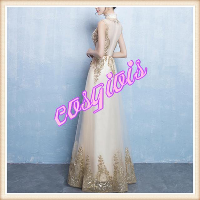 ゴールデンイブニングドレス 結婚式 ビーズ刺繍 チャイナ パーティードレス エレガント ロング 立ち襟 キラキラ チュール ビーズ スパンコール big_ac_4