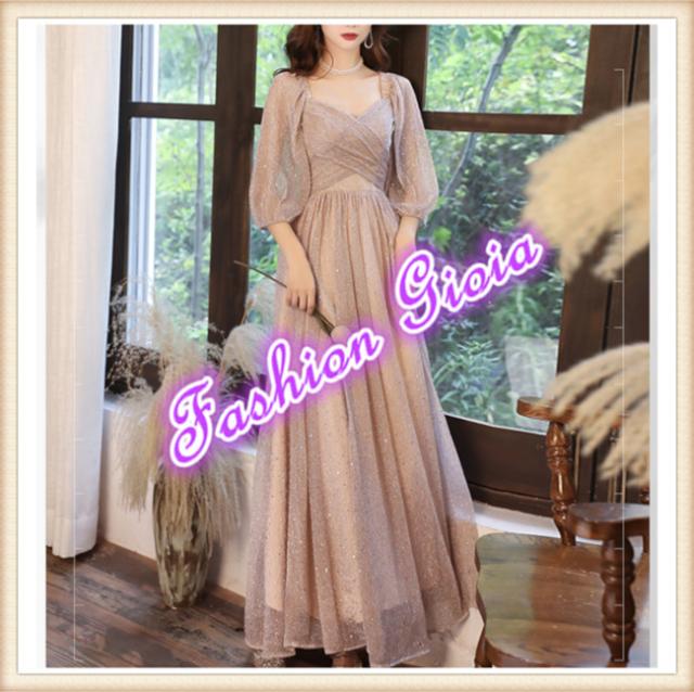 ワンピース ドレス ベージュ系 ブライダル パーティー  ロング スレンダーライン シフォン 透け感 シースルー とろみ感 柔らかい 上品 パーティスタイル お呼ばれ 結婚式 二次会 演奏会 披露宴 フォーマル バックリボン オフショルダー 袖あり 7分袖 胸元 Vネック