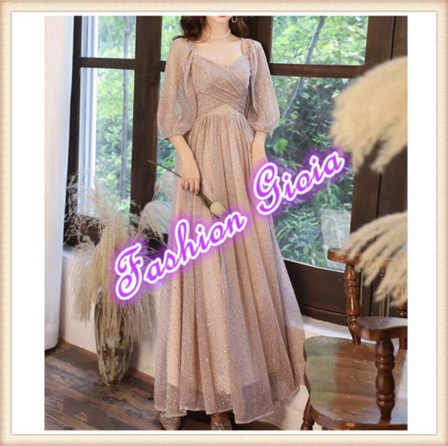 ワンピース ドレス ベージュ系 ブライダル パーティー  ロング スレンダーライン シフォン 透け感 シースルー とろみ感 柔らかい 上品 パーティスタイル お呼ばれ 結婚式 二次会 演奏会 披露宴 フォーマル バックリボン オフショルダー 袖あり 7分袖 胸元 Vネック ワンピース ドレス ベージュ系 ブライダル パーティー ロング