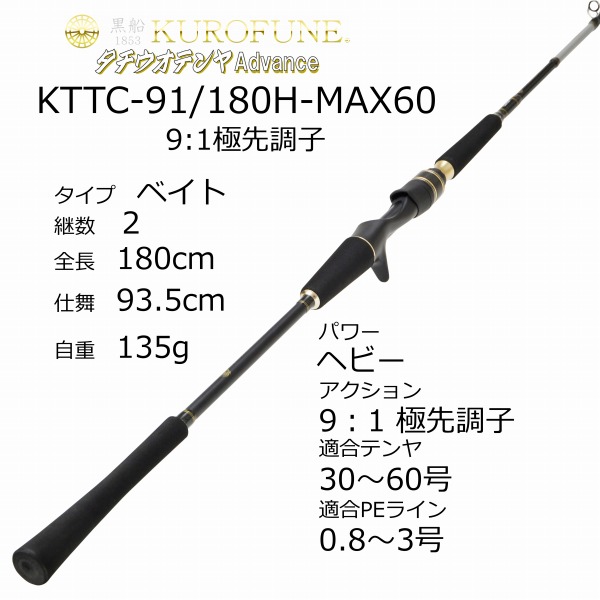 アブガルシア 船竿 黒船 KTTC-91/180H -タチウオテンヤアドバンス 9:1極先調子 (ベイト 2ピース)