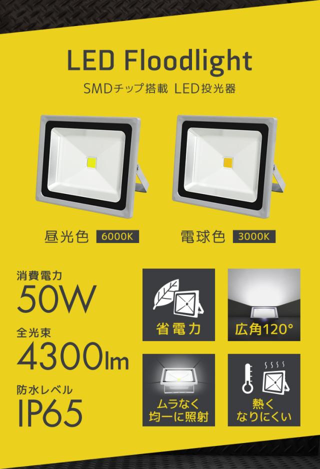 LED 投光器 6個セット 50W 500W相当 1年保証 LED投光器 昼光色 6000K 広角120度 防水加工 3mコード付き ledライト 照明 ライト 看板灯 集魚灯 作業灯 駐車場灯 ナイター 屋台 工場 倉庫 屋内 照明 船舶 屋外 人気 送料無料_2