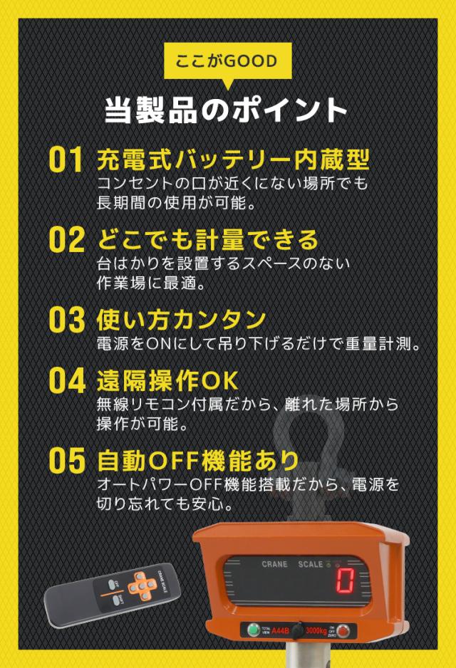 クレーンスケール 充電式 デジタルクレーンスケール 3t（3000kg） 吊秤 吊りはかり リモコン付き デジタル吊りはかり 吊り秤 デジタル クレーン スケール 計量 計測 吊り下げ 大型 はかり_2