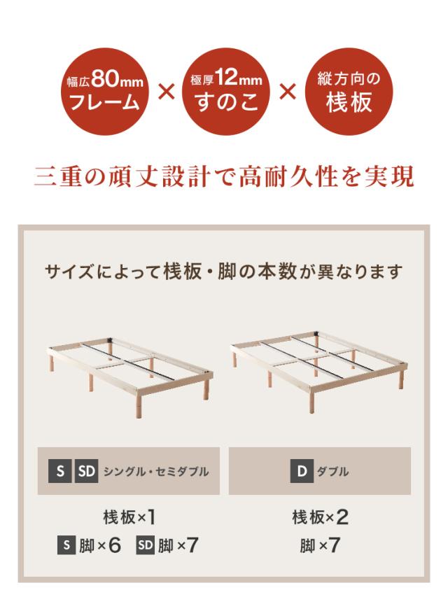 ベッド セミダブル 天然木 パイン材 すのこベッド ベッドフレーム 高さ3段階調整 耐荷重400kg ローベッド ハイタイプ 通気性 収納可 ナチュラル ホワイト 送料無料 WEIMALL_9