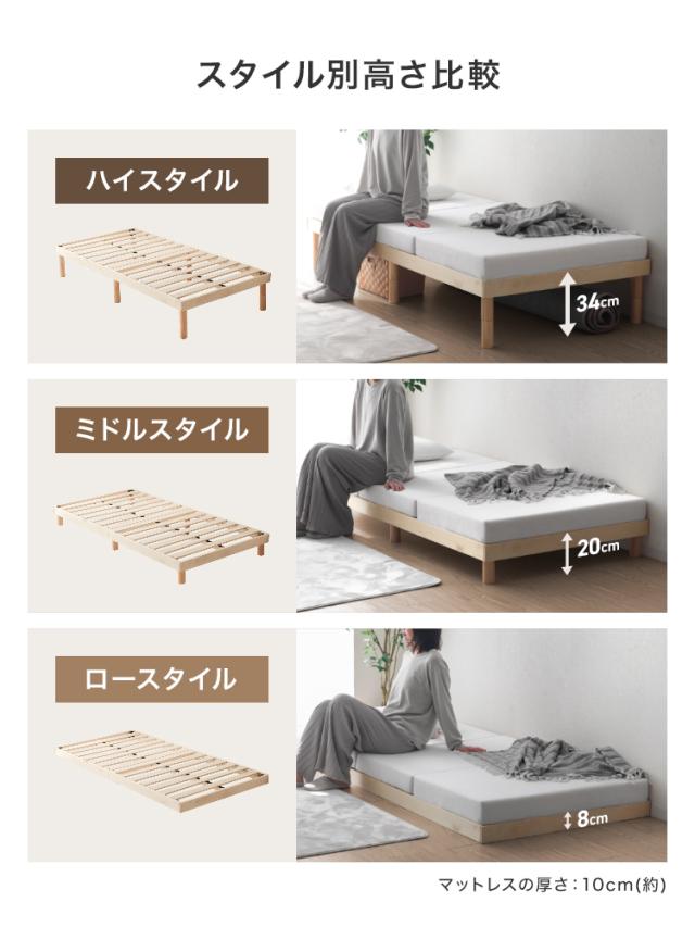 ベッド セミダブル 天然木 パイン材 すのこベッド ベッドフレーム 高さ3段階調整 耐荷重400kg ローベッド ハイタイプ 通気性 収納可 ナチュラル ホワイト 送料無料 WEIMALL_11