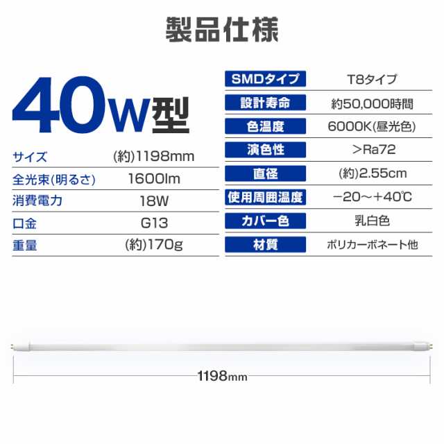 ライト/照明/LED直管型 LED 蛍光灯 昼光色 40W型 1198mm 消費電力18W 8 