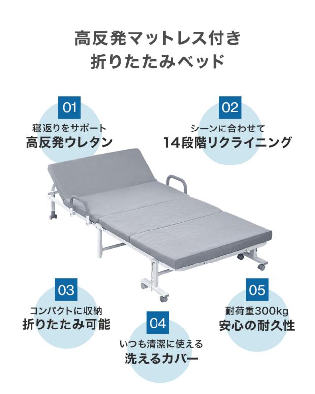 折りたたみベッド セミシングル 高反発 マットレス付き 190N 25D 14段階リクライニング 耐荷重300kg 洗える カバー メッシュ キャスター 頑丈 手すり付き 折り畳み 折りたたみ ベッド 簡易ベッド 介護 新生活_1