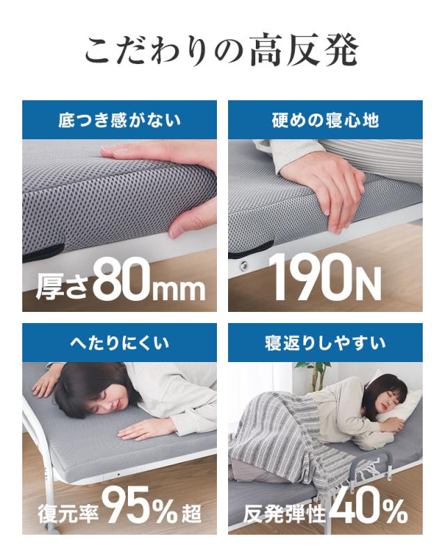 折りたたみベッド セミシングル 高反発 マットレス付き 190N 25D 14段階リクライニング 耐荷重300kg 洗える カバー メッシュ キャスター 頑丈 手すり付き 折り畳み 折りたたみ ベッド 簡易ベッド 介護 新生活_6