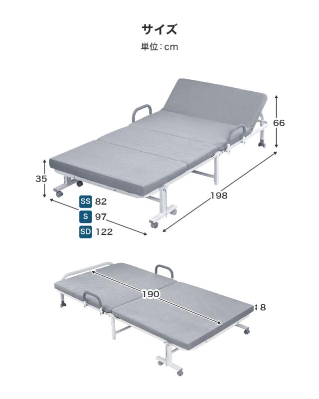 折りたたみベッド セミシングル 高反発 マットレス付き 190N 25D 14段階リクライニング 耐荷重300kg 洗える カバー メッシュ キャスター 頑丈 手すり付き 折り畳み 折りたたみ ベッド 簡易ベッド 介護 新生活_18
