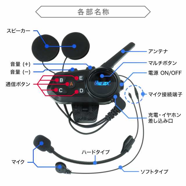 【半年保証】 インカム バイク バイクインカム 1台 イヤホンマイク インターコム Bluetooth ワイヤレス 無線機 通話 1000m通話  最大6人通