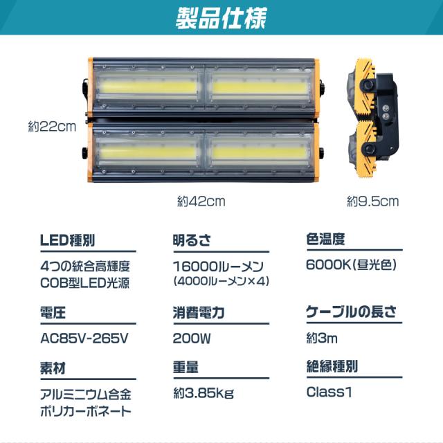 【12個セット】【一年保証】 LED投光器 200W 薄型 COBチップ搭載 LED 投光器 昼光色 ledライト 作業灯 ワークライト サーチライト 16000LM 壁掛け照明 3mコード付 IP65 看板灯 集魚灯 駐車場灯 省エネ 屋内 照明 船舶 屋外 PSE_5