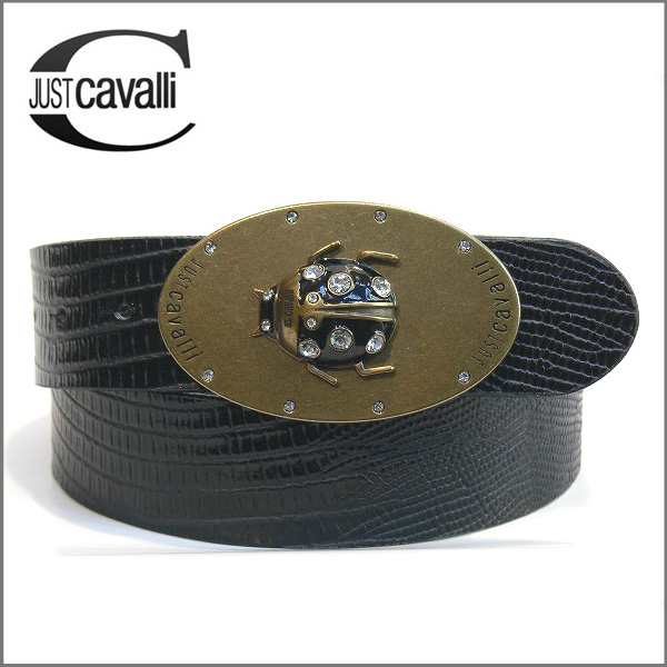 全国送料無料 革ベルト レザーベルト JUSTCAVALL Iイタリア製 インポート リザード型押し テントウ虫 皮　  ジャストカバリ（ブラック）｜au PAY マーケット