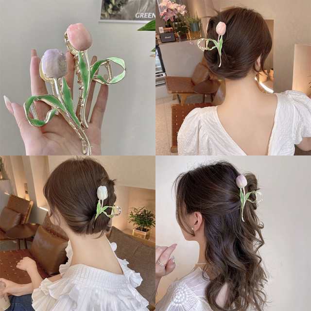 バンスクリップ ヘアアクセサリー 韓国 大きめ チューリップ 花 ハーフ