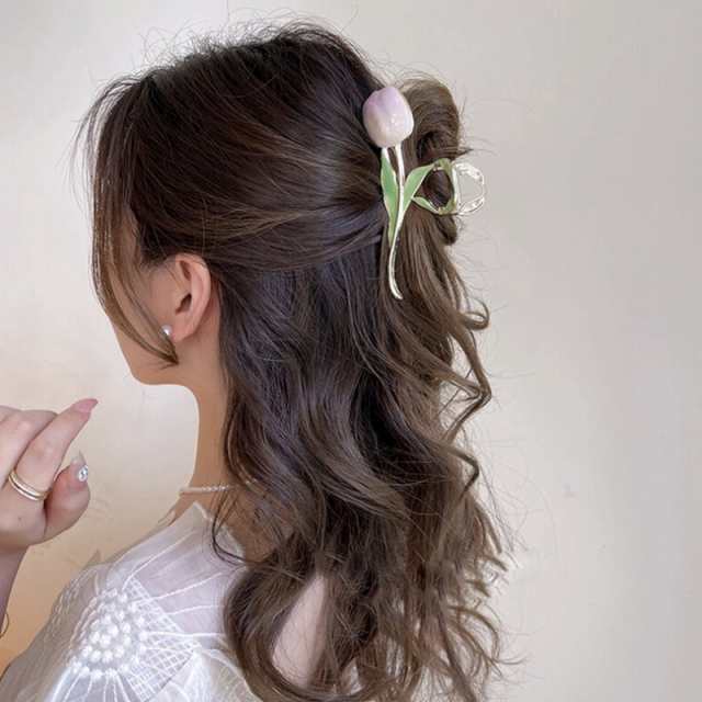 バンスクリップ ヘアアクセサリー 韓国 大きめ チューリップ 花 ハーフ