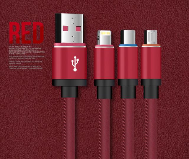 2.4A 急速充電 USB TYPE-C Lightning Micro USB PU レザー ケーブル 1m
