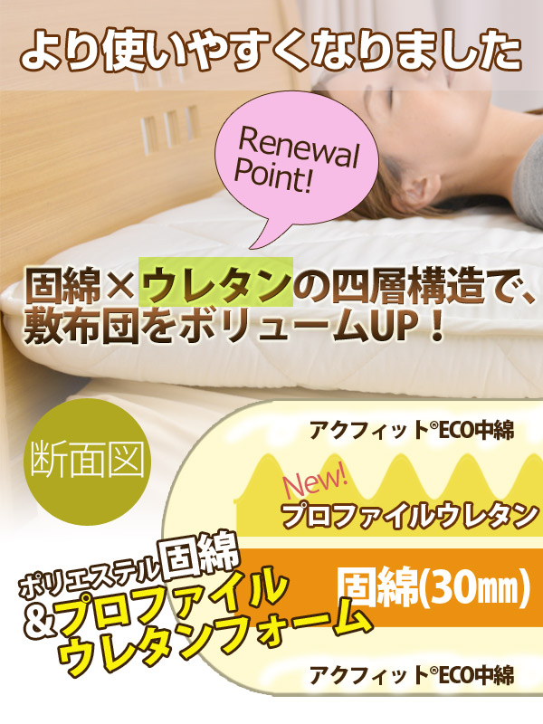 敷布団 シングル 日本製 四層 ボリューム 極厚 防ダニ 抗菌 防臭 吸汗 速乾加工 アクフィット中綿使用 無地_1