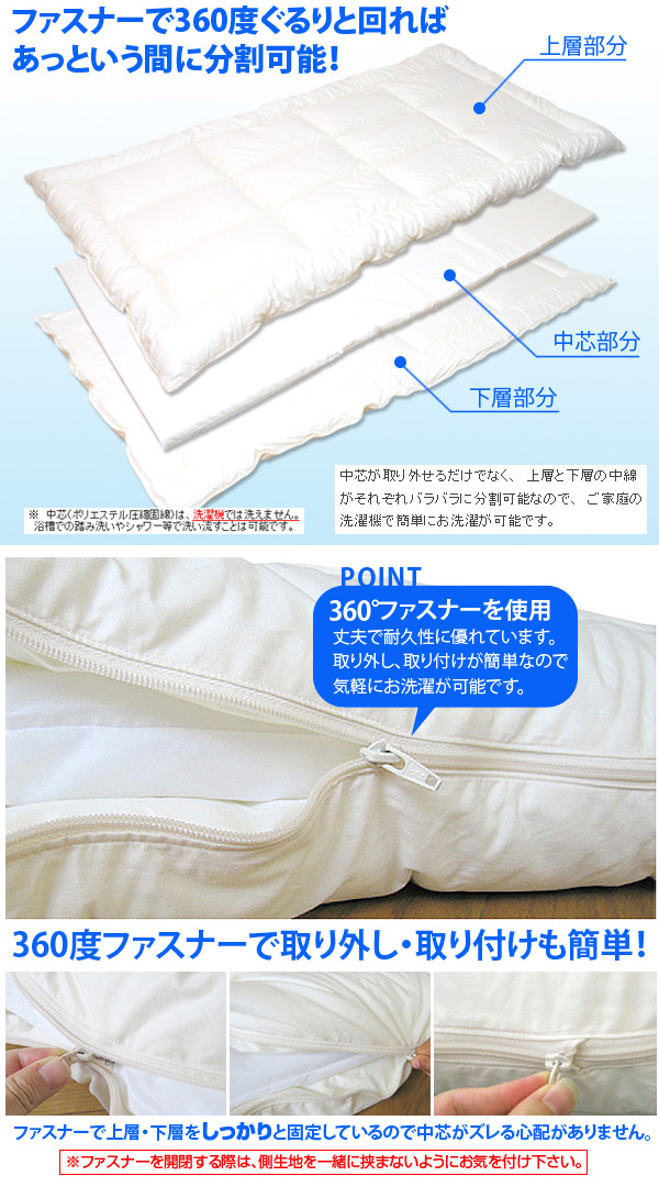 超極細特殊繊維マイクロマティーク生地使用 インビスタ ダクロン(R)FRESH 4-hole(4穴)中わた 完全分割 着脱式 洗える敷布団 ダブルサイズ 140×205cm_4