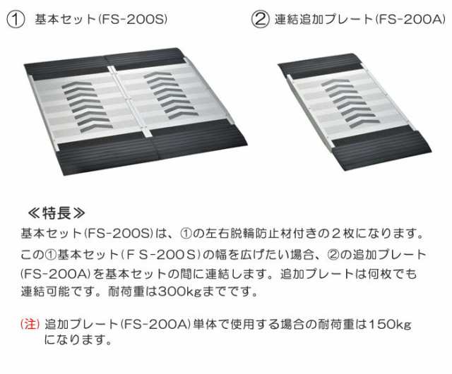 フリースロープ 階段 段差解消 歩行者 台車 車椅子スロープ 連結タイプ 基本セットFS-200S 左右脱輪防止付｜au PAY マーケット