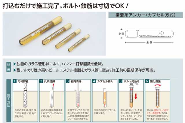 ケミカルアンカー 樹脂 レジンエース アンカー HC-12U 打込み型 13.7×全長110mm 10本入り1箱単位 接着系アンカー  カプセル方式｜au PAY マーケット