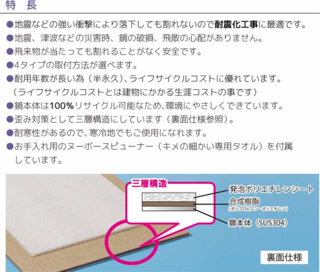 鏡 壁掛け おしゃれ 割れない ステンレス製 ミラー KSN-4560 幅464×高さ610×厚さ11mm 1台単位 盗難防止タイプ すっきり  インテリア 洗の通販はau PAY マーケット エストアホーム au PAY マーケット－通販サイト